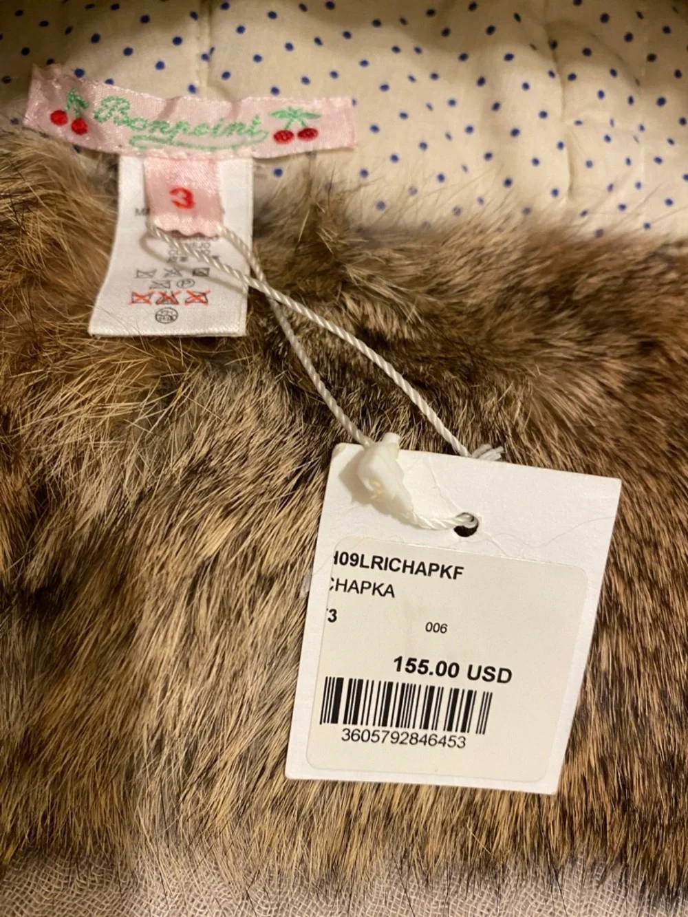 Bonpoint Rabbit Fur Trapper Hat in Natural Brown. Size 3